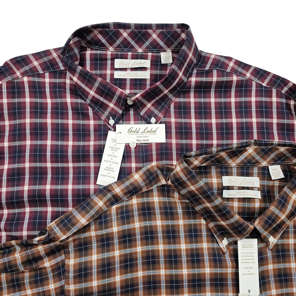 Lot of 2 NWT Gold Label Plaid Button Down Shirt Non Iron Performance Tall‎ 4XLT